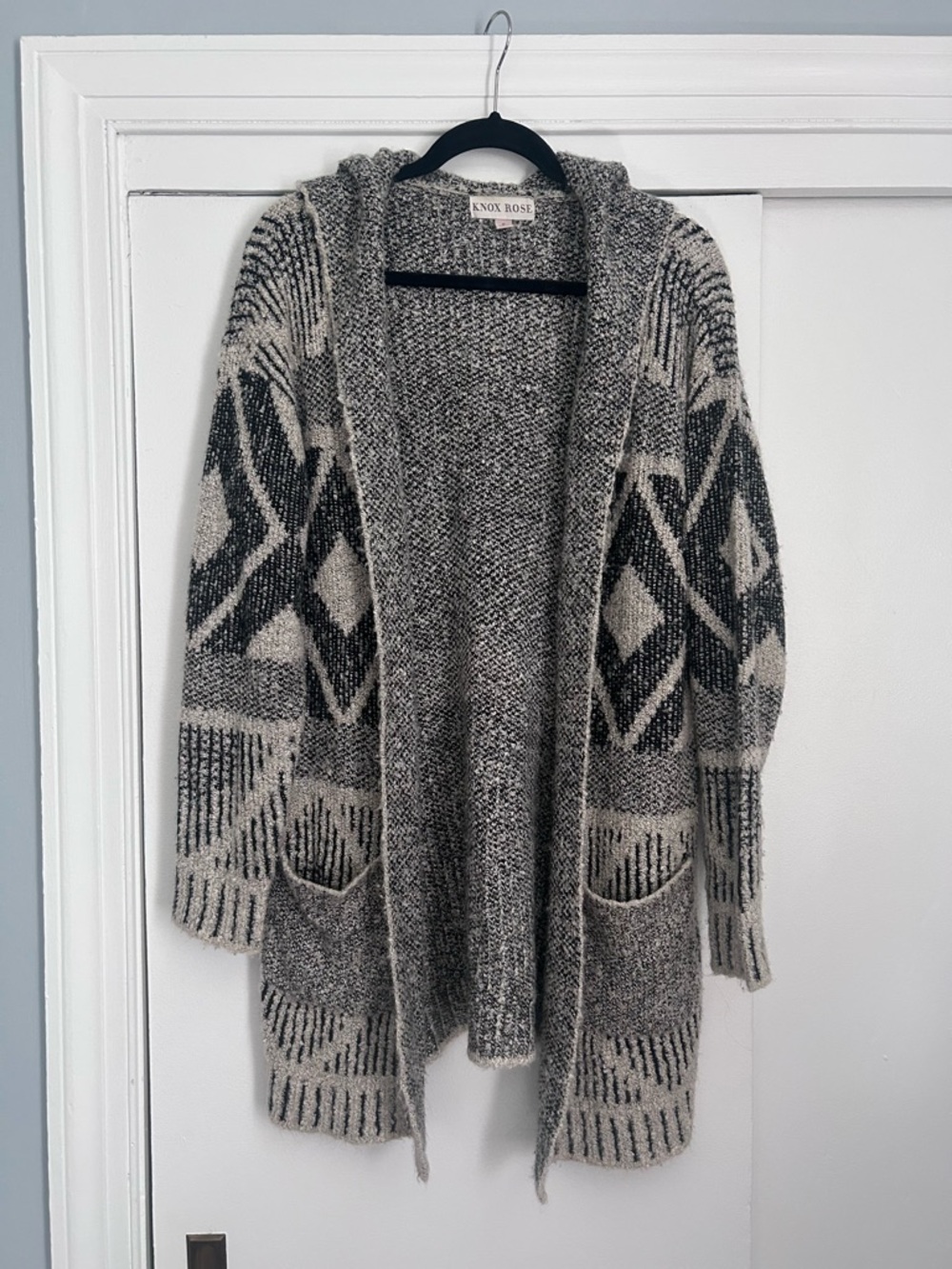 Knox Rose Gray and Cream Hooded Open Knit Cardigan